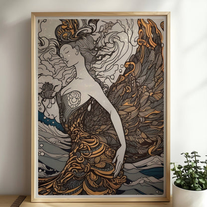Künstlerische Darstellung einer Frau mit phönixartigen Federn, die sich in den Wellen des Ozeans verwandelt. Jugendstil-Muster und dynamische Linien.. Rahmen natur 50x70