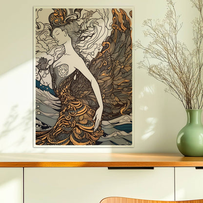 Künstlerische Darstellung einer Frau mit phönixartigen Federn, die sich in den Wellen des Ozeans verwandelt. Jugendstil-Muster und dynamische Linien.. Ohne Rahmen 50x70