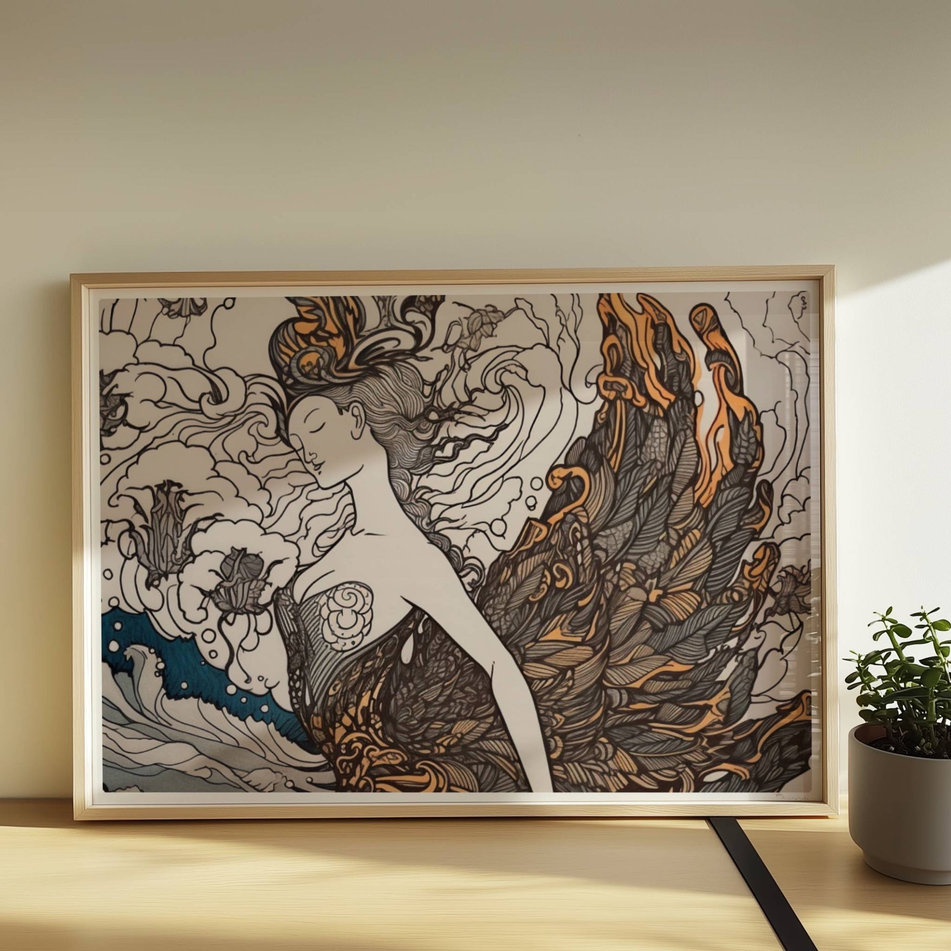 Künstlerische Darstellung einer Frau mit phönixartigen Federn, die sich in den Wellen des Ozeans verwandelt. Jugendstil-Muster und dynamische Linien.. Rahmen natur 70x50