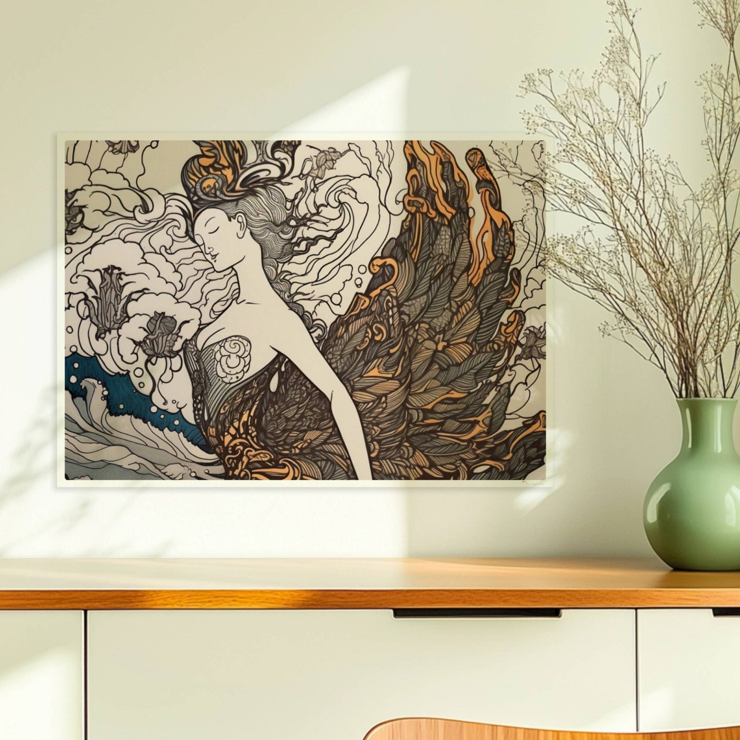 Künstlerische Darstellung einer Frau mit phönixartigen Federn, die sich in den Wellen des Ozeans verwandelt. Jugendstil-Muster und dynamische Linien.. Ohne Rahmen 70x50
