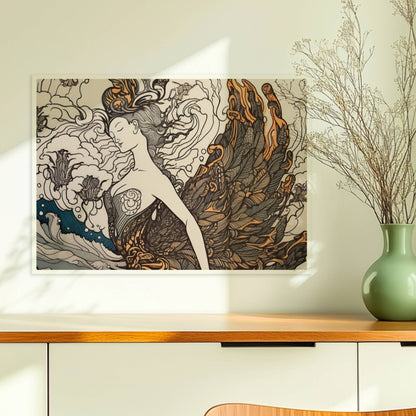 Künstlerische Darstellung einer Frau mit phönixartigen Federn, die sich in den Wellen des Ozeans verwandelt. Jugendstil-Muster und dynamische Linien.. Ohne Rahmen 70x50