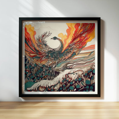 Phönix erhebt sich mit ausgebreiteten Flügeln aus dem Ozean, in farbenfrohen Jugendstil-Linien und dynamischen Formen, umgeben von Feuer und Wellen.. Rahmen schwarz 30x30