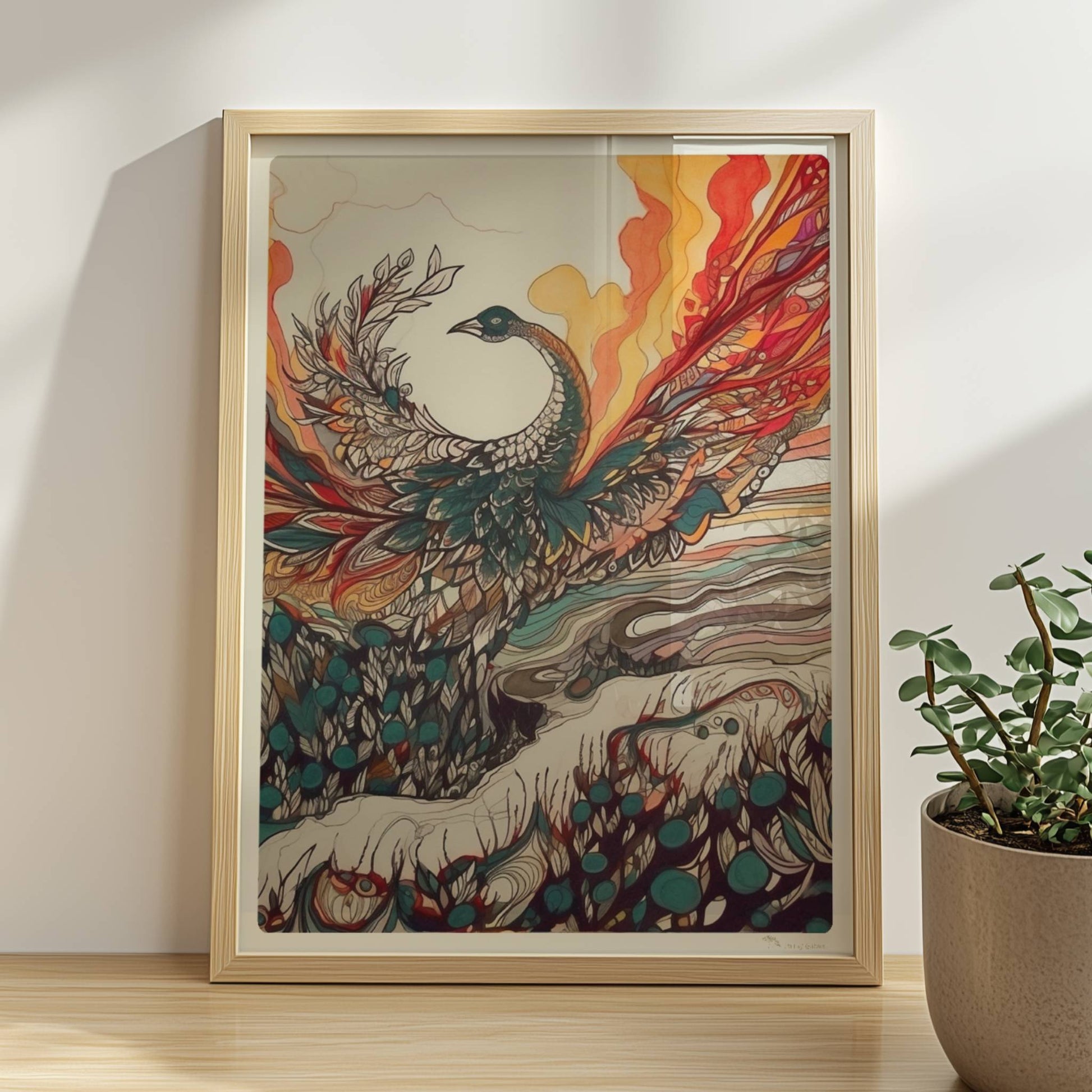 Phönix erhebt sich mit ausgebreiteten Flügeln aus dem Ozean, in farbenfrohen Jugendstil-Linien und dynamischen Formen, umgeben von Feuer und Wellen.. Rahmen natur 30x40