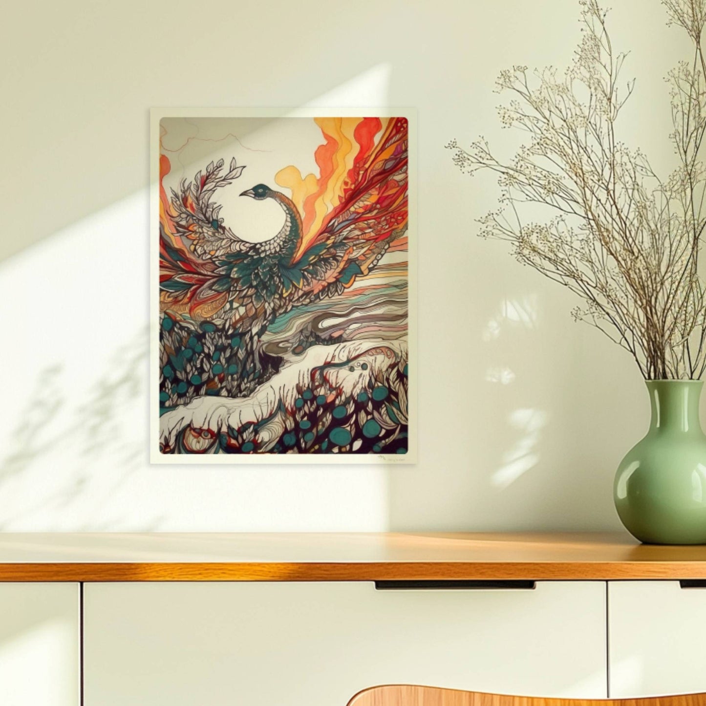 Phönix erhebt sich mit ausgebreiteten Flügeln aus dem Ozean, in farbenfrohen Jugendstil-Linien und dynamischen Formen, umgeben von Feuer und Wellen.. Ohne Rahmen 30x40