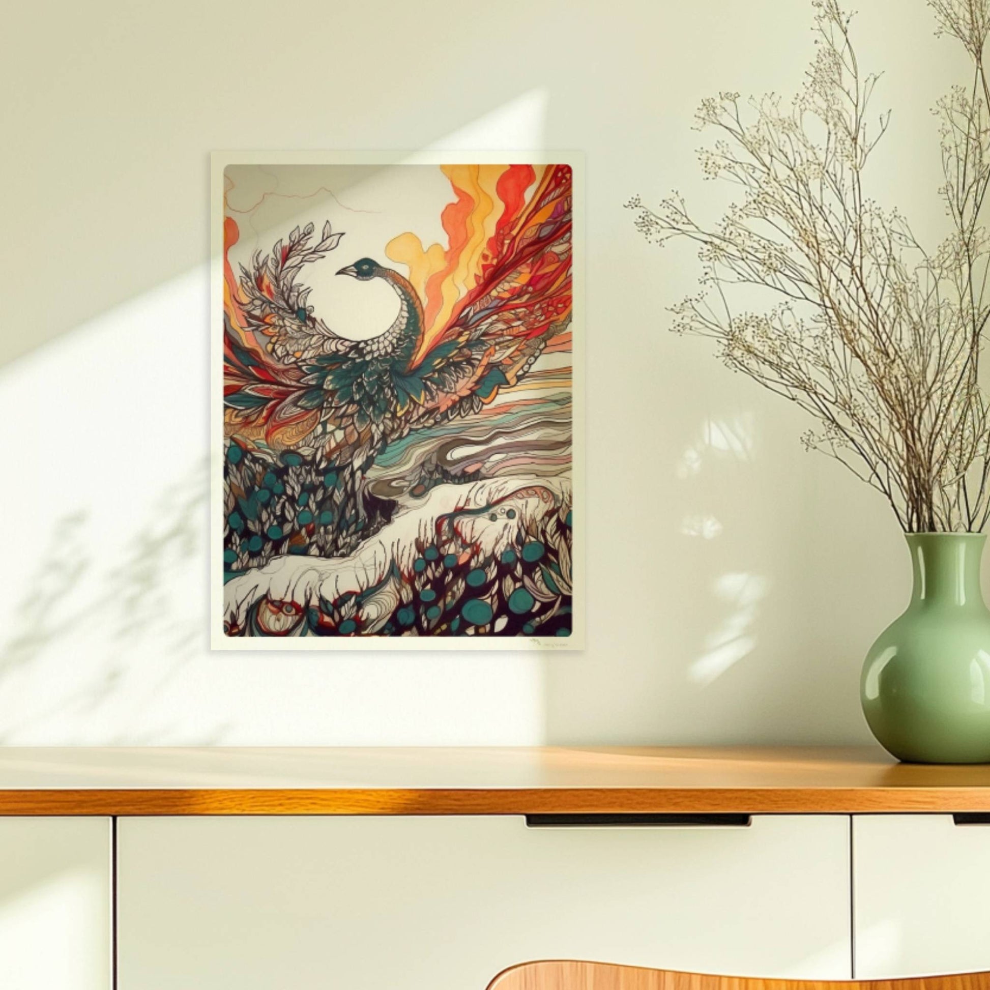 Phönix erhebt sich mit ausgebreiteten Flügeln aus dem Ozean, in farbenfrohen Jugendstil-Linien und dynamischen Formen, umgeben von Feuer und Wellen.. Ohne Rahmen 30x40