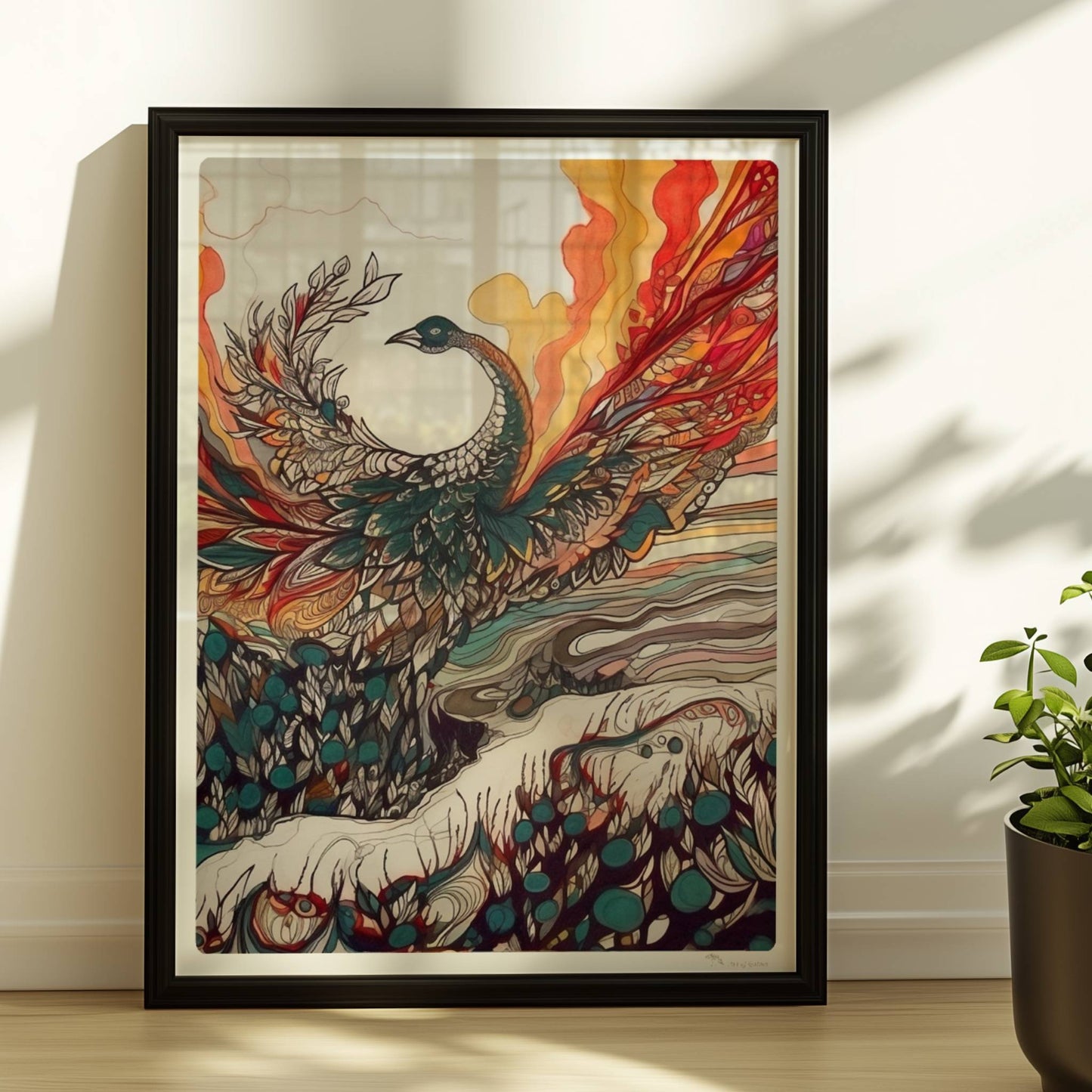 Phönix erhebt sich mit ausgebreiteten Flügeln aus dem Ozean, in farbenfrohen Jugendstil-Linien und dynamischen Formen, umgeben von Feuer und Wellen.. Rahmen schwarz 30x40