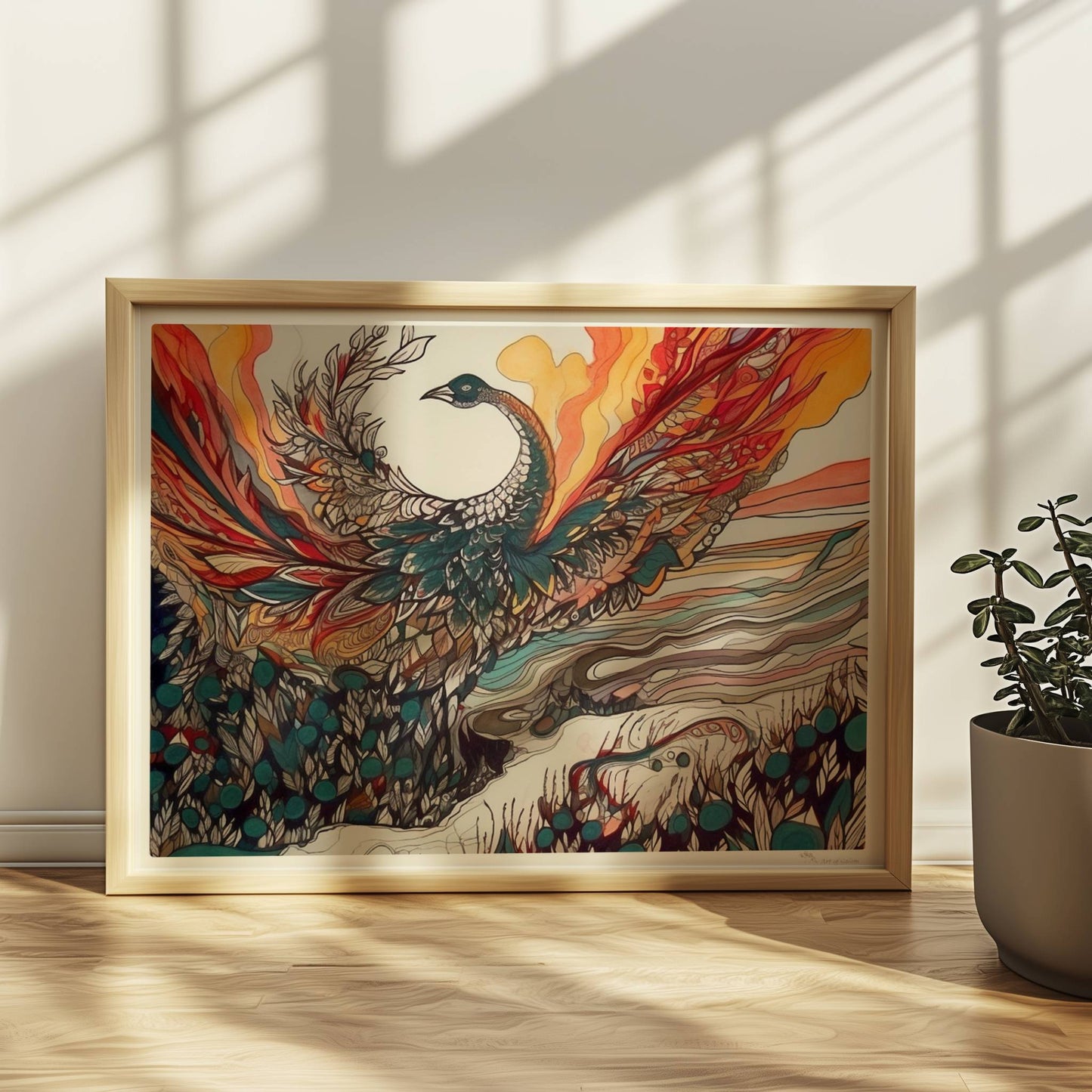 Phönix erhebt sich mit ausgebreiteten Flügeln aus dem Ozean, in farbenfrohen Jugendstil-Linien und dynamischen Formen, umgeben von Feuer und Wellen.. Rahmen natur 40x30