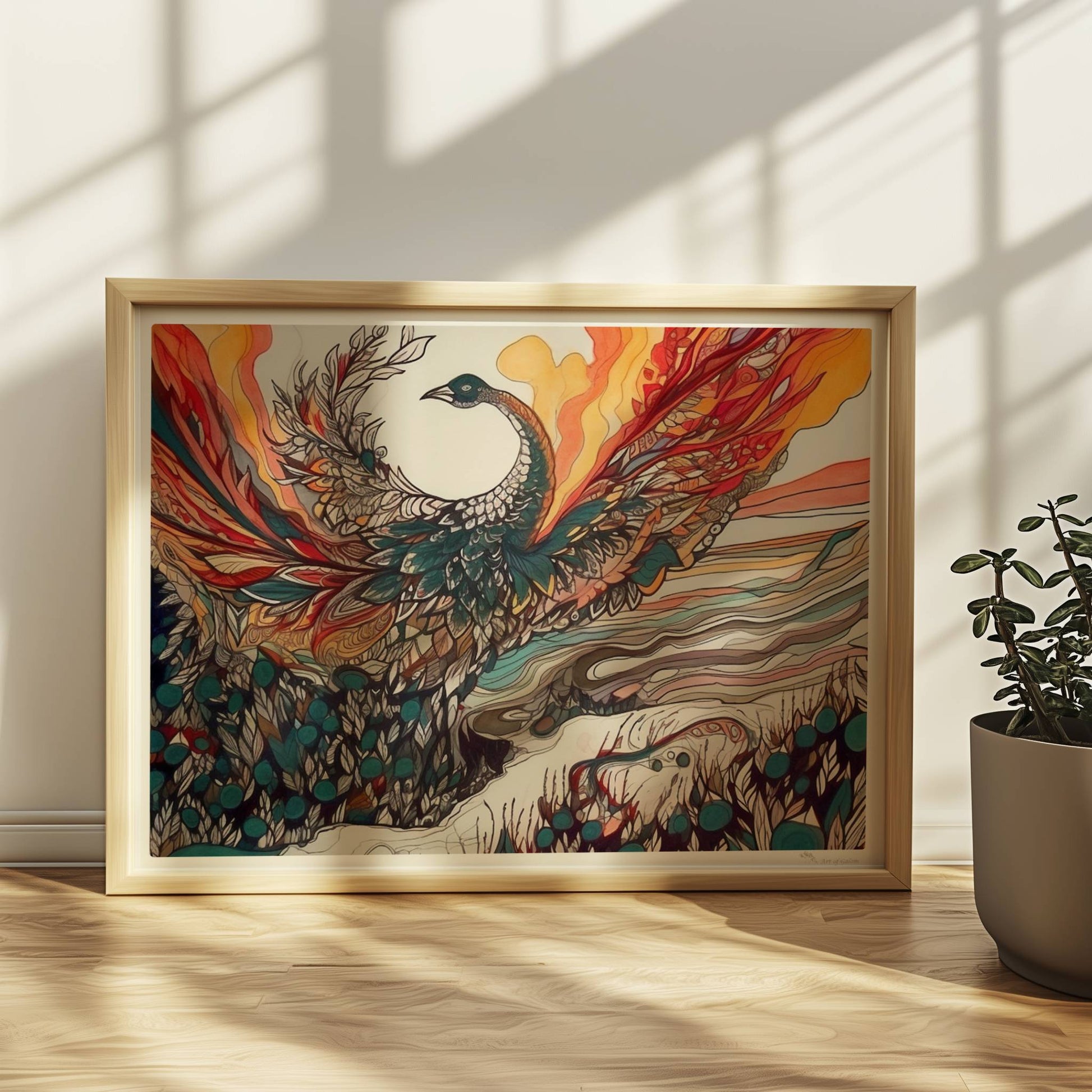 Phönix erhebt sich mit ausgebreiteten Flügeln aus dem Ozean, in farbenfrohen Jugendstil-Linien und dynamischen Formen, umgeben von Feuer und Wellen.. Rahmen natur 40x30