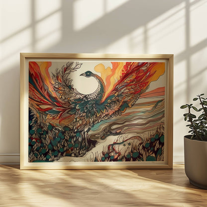 Phönix erhebt sich mit ausgebreiteten Flügeln aus dem Ozean, in farbenfrohen Jugendstil-Linien und dynamischen Formen, umgeben von Feuer und Wellen.. Rahmen natur 40x30