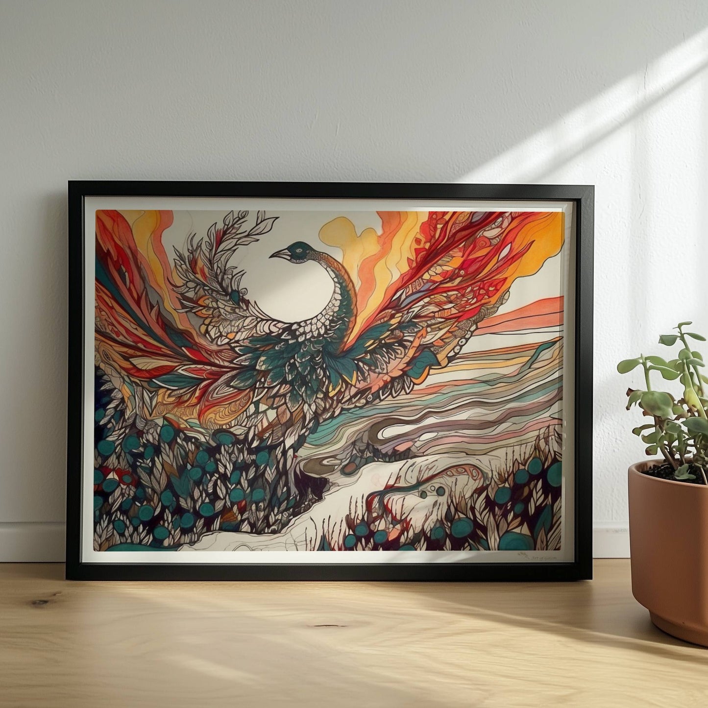 Phönix erhebt sich mit ausgebreiteten Flügeln aus dem Ozean, in farbenfrohen Jugendstil-Linien und dynamischen Formen, umgeben von Feuer und Wellen.. Rahmen schwarz 40x30