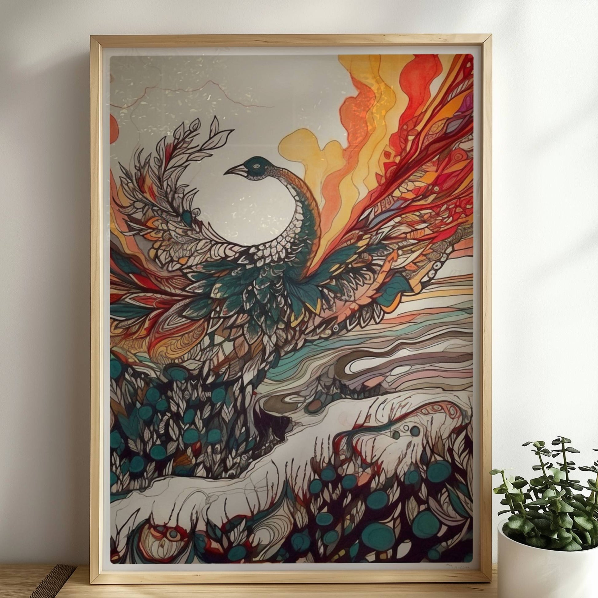 Phönix erhebt sich mit ausgebreiteten Flügeln aus dem Ozean, in farbenfrohen Jugendstil-Linien und dynamischen Formen, umgeben von Feuer und Wellen.. Rahmen natur 50x70