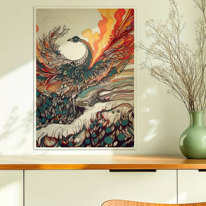 Phönix erhebt sich mit ausgebreiteten Flügeln aus dem Ozean, in farbenfrohen Jugendstil-Linien und dynamischen Formen, umgeben von Feuer und Wellen.. Ohne Rahmen 50x70