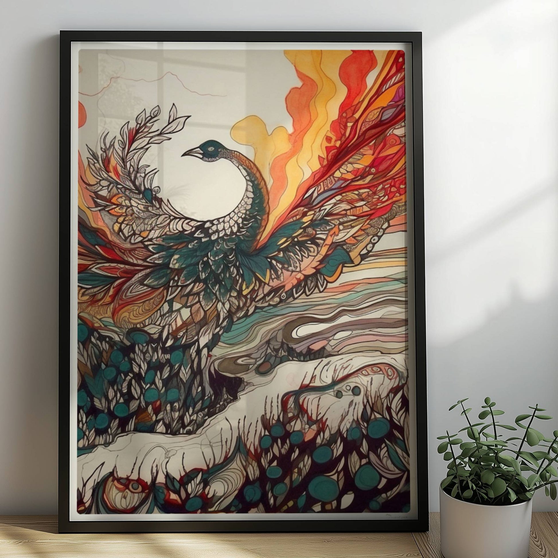 Phönix erhebt sich mit ausgebreiteten Flügeln aus dem Ozean, in farbenfrohen Jugendstil-Linien und dynamischen Formen, umgeben von Feuer und Wellen.. Rahmen schwarz 50x70