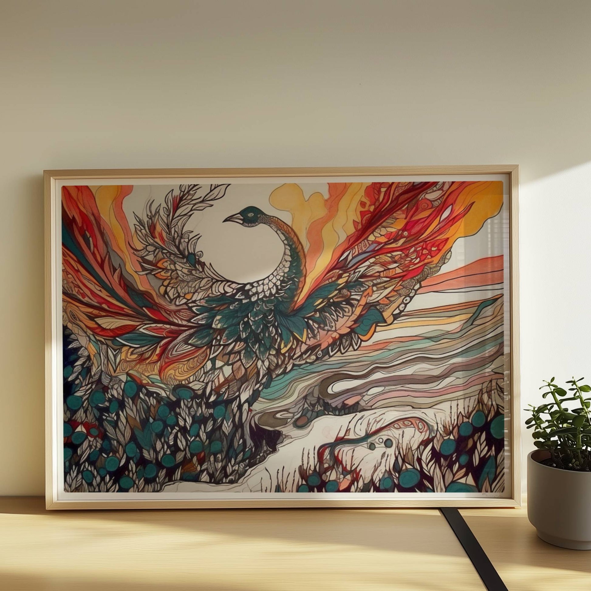 Phönix erhebt sich mit ausgebreiteten Flügeln aus dem Ozean, in farbenfrohen Jugendstil-Linien und dynamischen Formen, umgeben von Feuer und Wellen.. Rahmen natur 70x50