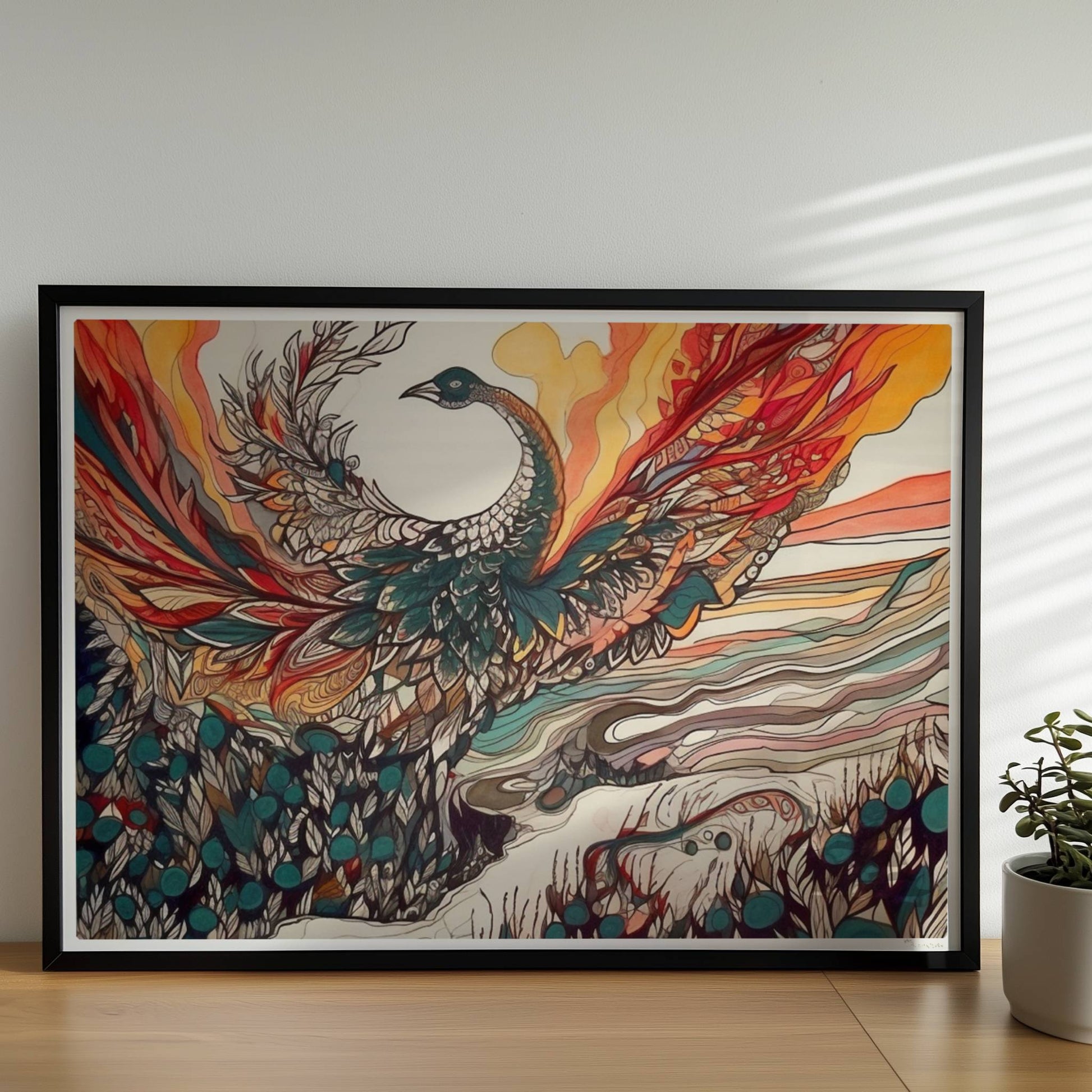 Phönix erhebt sich mit ausgebreiteten Flügeln aus dem Ozean, in farbenfrohen Jugendstil-Linien und dynamischen Formen, umgeben von Feuer und Wellen.. Rahmen schwarz 70x50