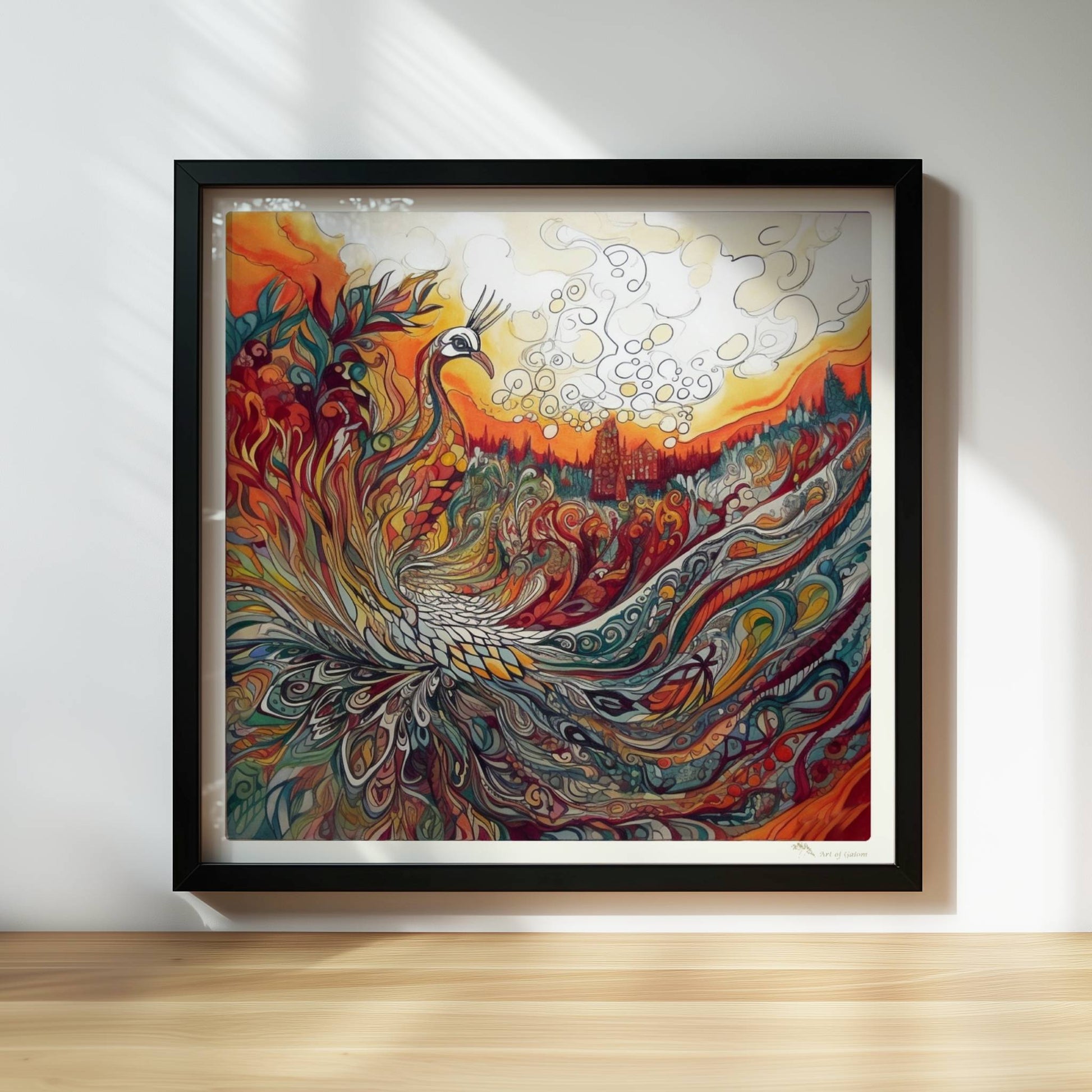 Farbenfroher Phönix mit kunstvoll geschwungenen Federn, Flammen und Ornamenten in lebendigem Jugendstil, mit märchenhafter Landschaft im Hintergrund.. Rahmen schwarz 30x30
