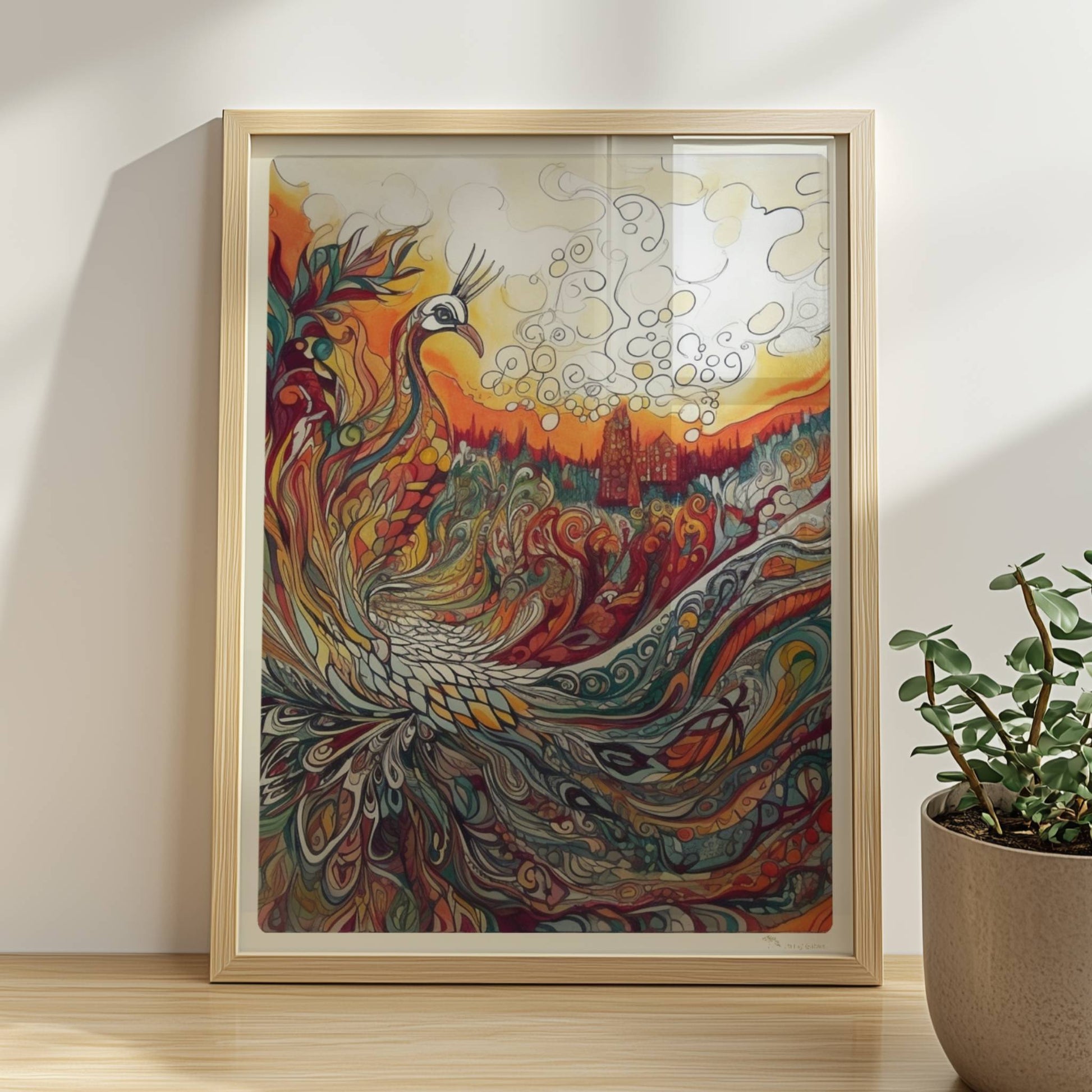 Farbenfroher Phönix mit kunstvoll geschwungenen Federn, Flammen und Ornamenten in lebendigem Jugendstil, mit märchenhafter Landschaft im Hintergrund.. Rahmen natur 30x40