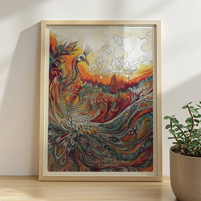 Farbenfroher Phönix mit kunstvoll geschwungenen Federn, Flammen und Ornamenten in lebendigem Jugendstil, mit märchenhafter Landschaft im Hintergrund.. Rahmen natur 30x40
