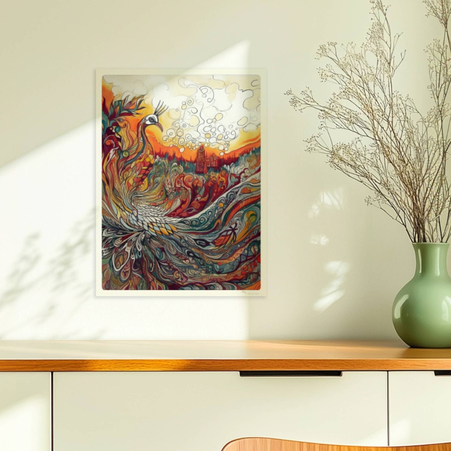 Farbenfroher Phönix mit kunstvoll geschwungenen Federn, Flammen und Ornamenten in lebendigem Jugendstil, mit märchenhafter Landschaft im Hintergrund.. Ohne Rahmen 30x40
