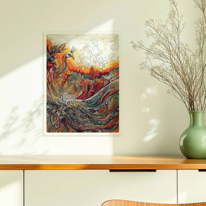 Farbenfroher Phönix mit kunstvoll geschwungenen Federn, Flammen und Ornamenten in lebendigem Jugendstil, mit märchenhafter Landschaft im Hintergrund.. Ohne Rahmen 30x40