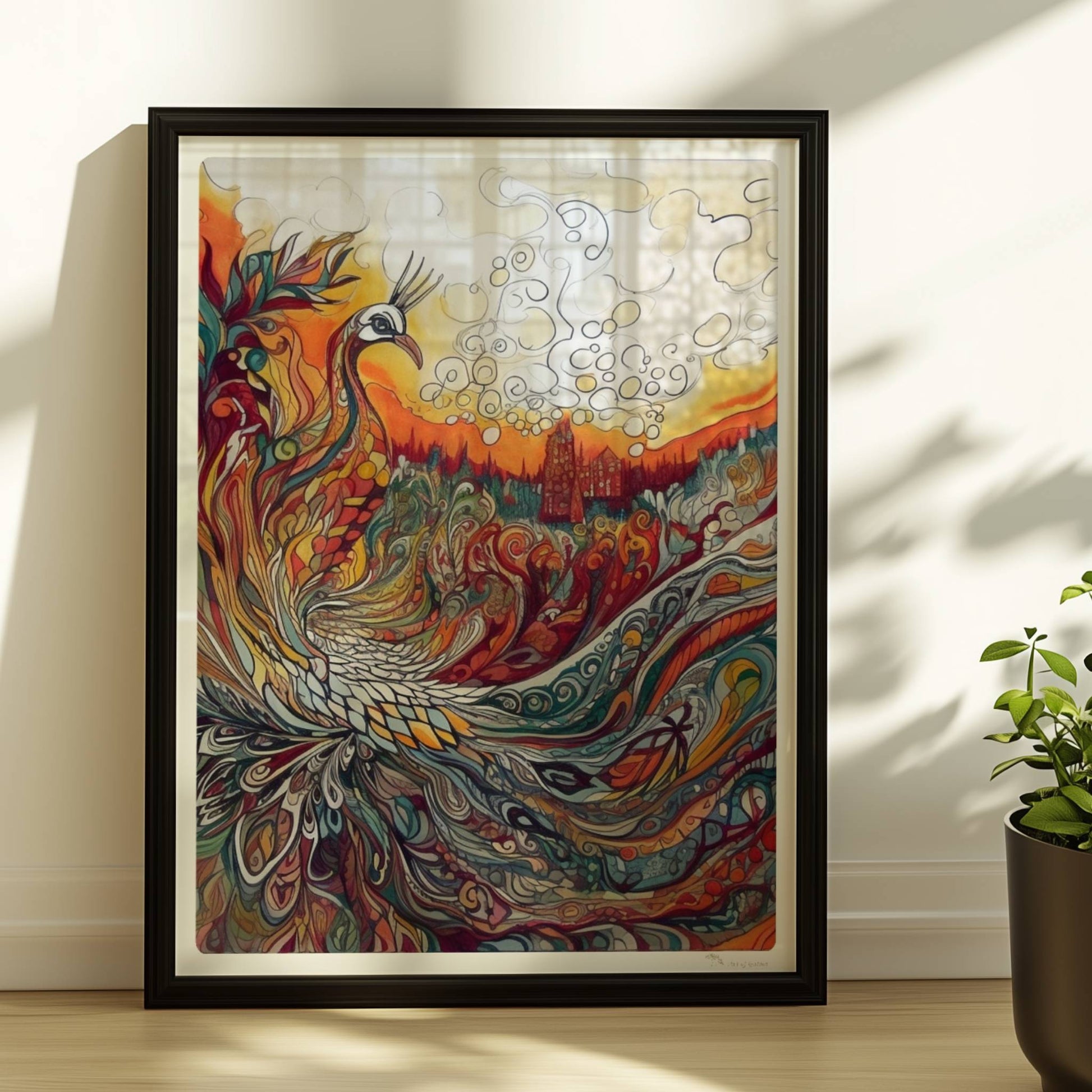 Farbenfroher Phönix mit kunstvoll geschwungenen Federn, Flammen und Ornamenten in lebendigem Jugendstil, mit märchenhafter Landschaft im Hintergrund.. Rahmen schwarz 30x40