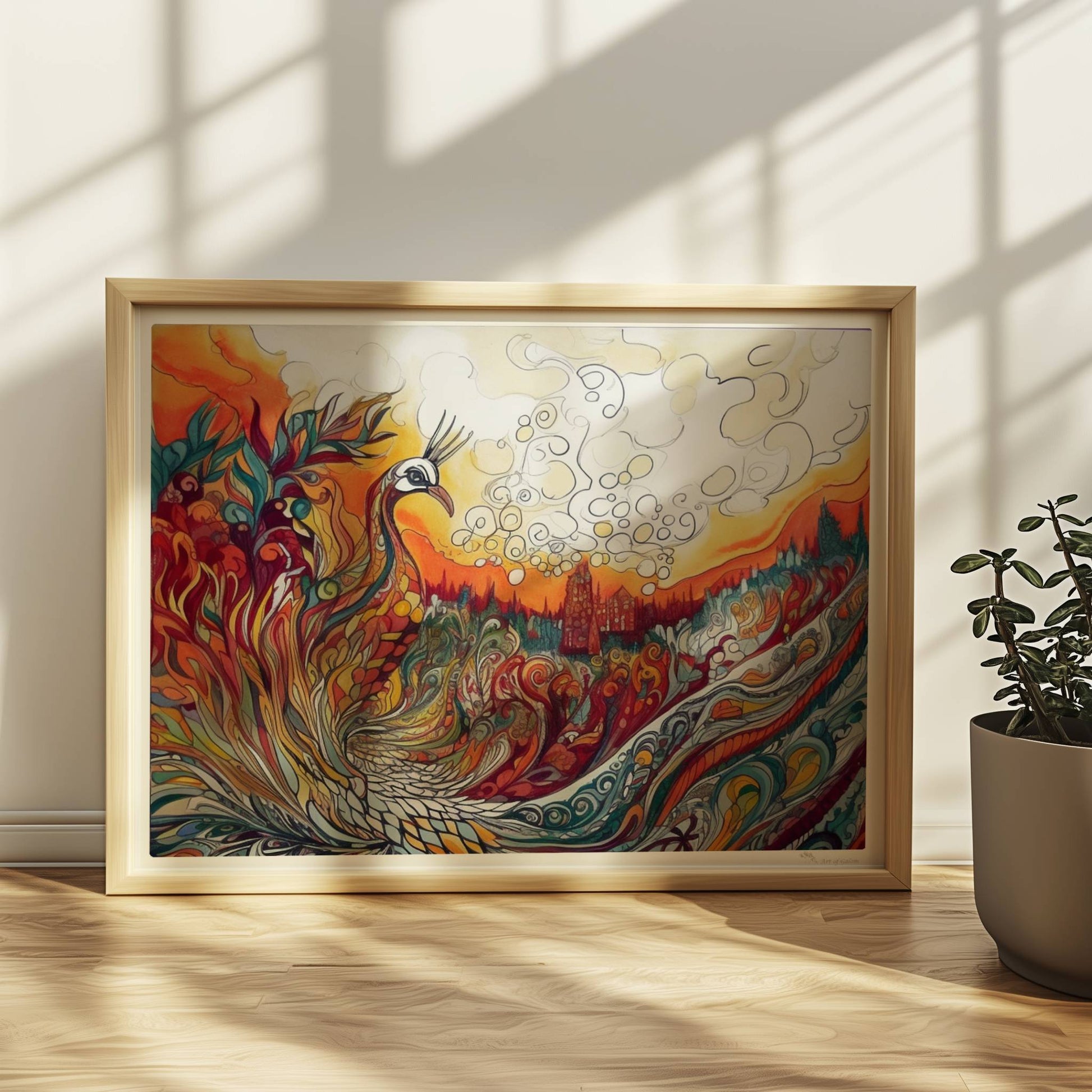 Farbenfroher Phönix mit kunstvoll geschwungenen Federn, Flammen und Ornamenten in lebendigem Jugendstil, mit märchenhafter Landschaft im Hintergrund.. Rahmen natur 40x30
