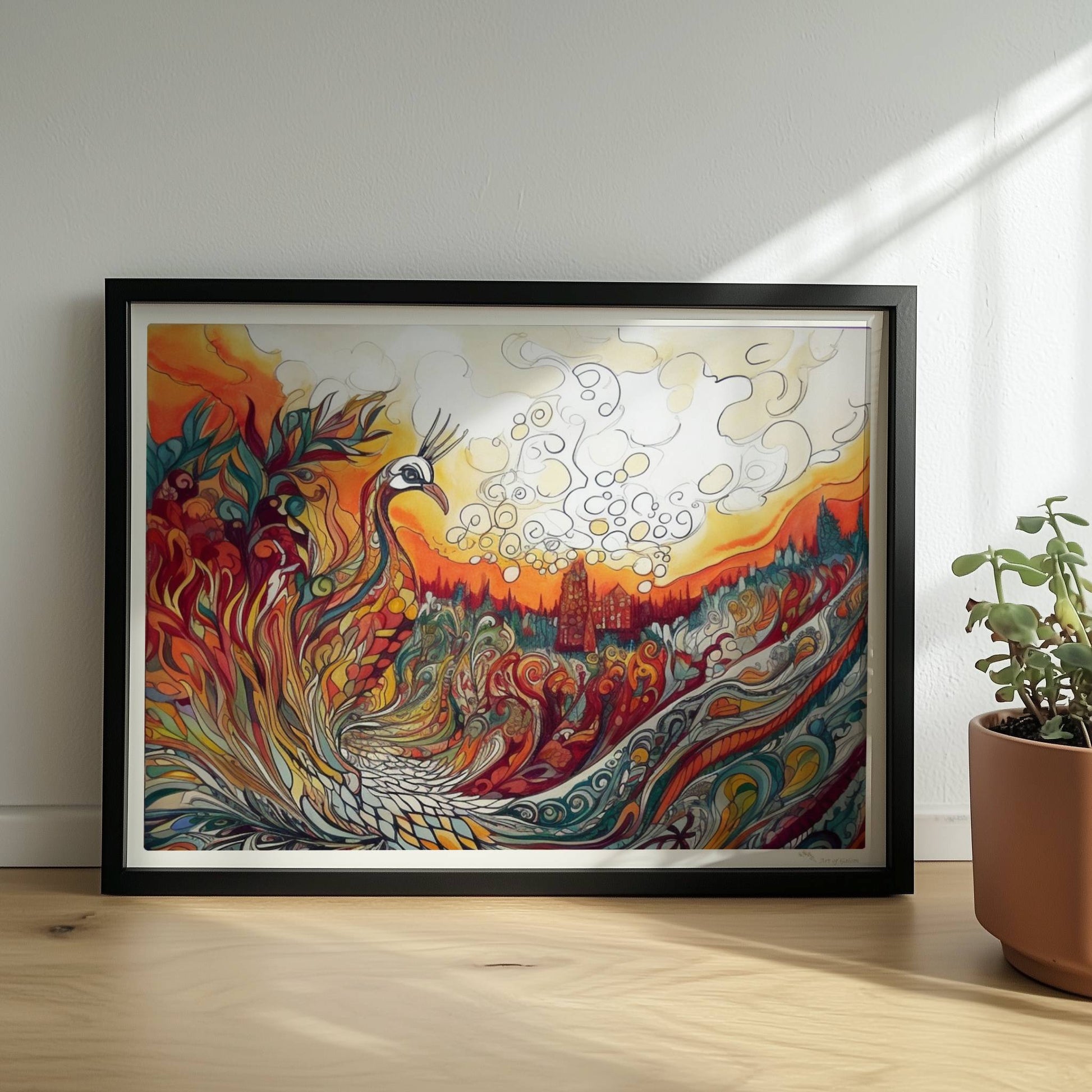 Farbenfroher Phönix mit kunstvoll geschwungenen Federn, Flammen und Ornamenten in lebendigem Jugendstil, mit märchenhafter Landschaft im Hintergrund.. Rahmen schwarz 40x30