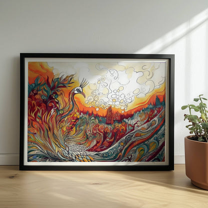 Farbenfroher Phönix mit kunstvoll geschwungenen Federn, Flammen und Ornamenten in lebendigem Jugendstil, mit märchenhafter Landschaft im Hintergrund.. Rahmen schwarz 40x30