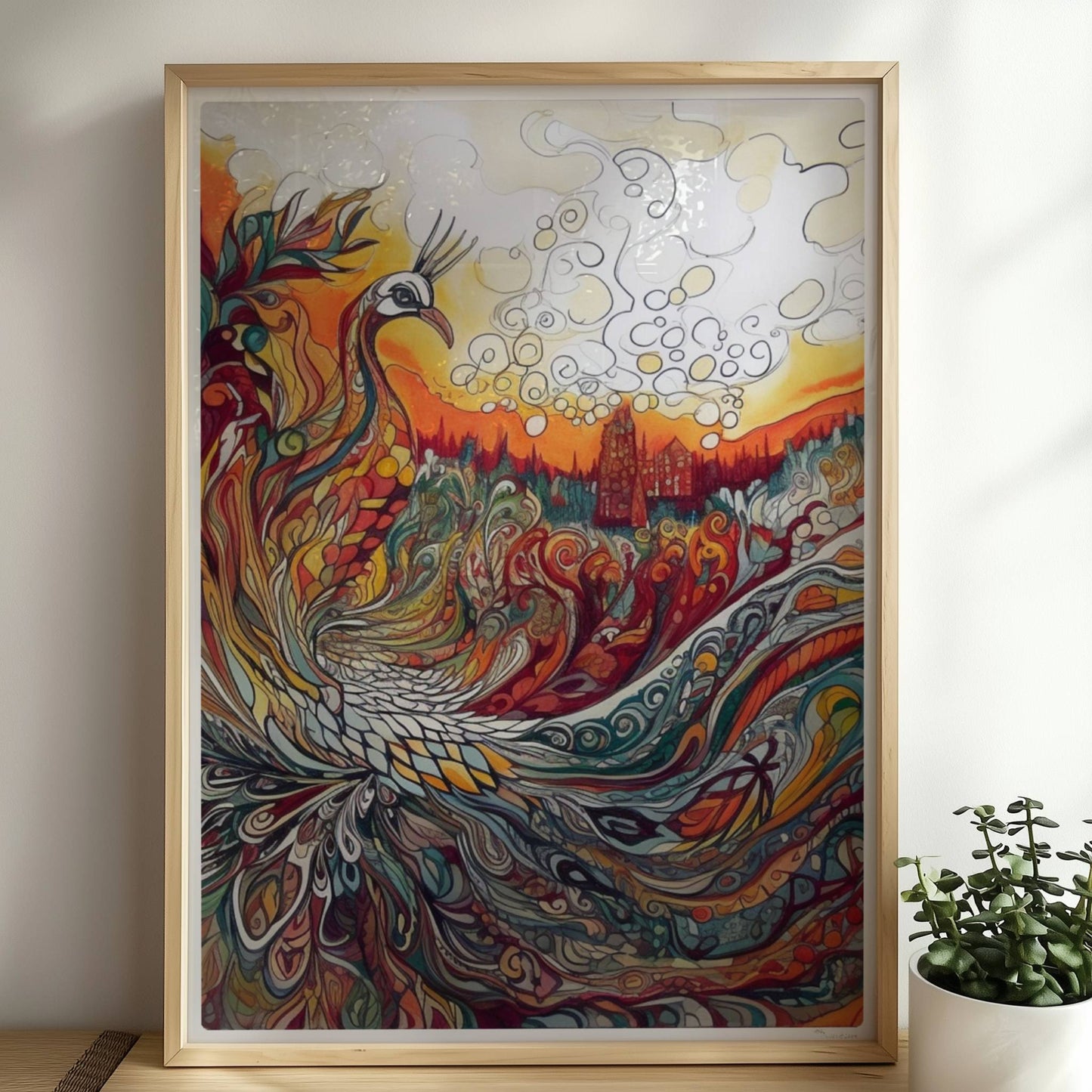 Farbenfroher Phönix mit kunstvoll geschwungenen Federn, Flammen und Ornamenten in lebendigem Jugendstil, mit märchenhafter Landschaft im Hintergrund.. Rahmen natur 50x70