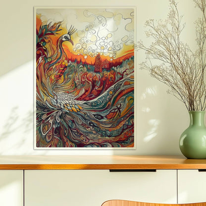 Farbenfroher Phönix mit kunstvoll geschwungenen Federn, Flammen und Ornamenten in lebendigem Jugendstil, mit märchenhafter Landschaft im Hintergrund.. Ohne Rahmen 50x70