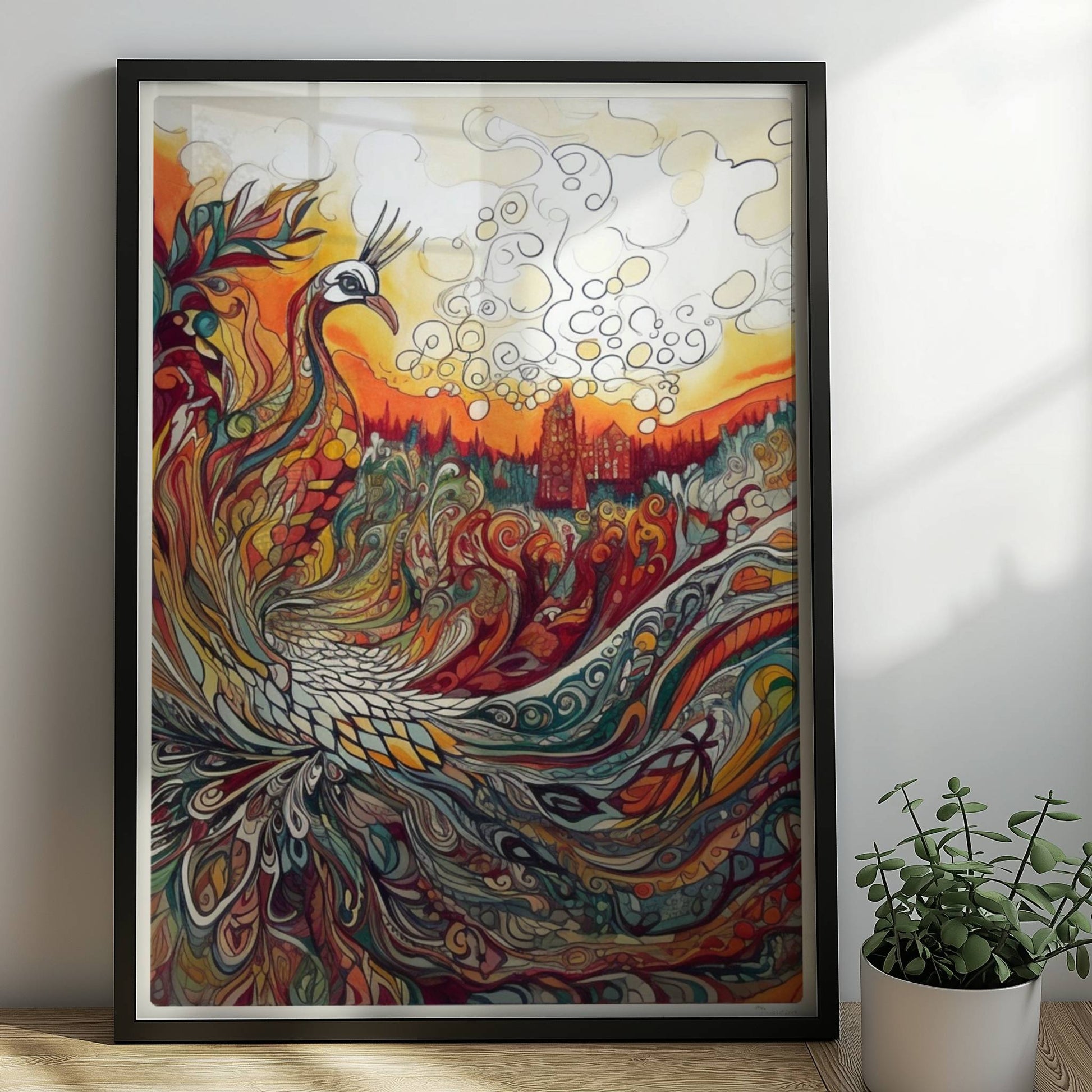 Farbenfroher Phönix mit kunstvoll geschwungenen Federn, Flammen und Ornamenten in lebendigem Jugendstil, mit märchenhafter Landschaft im Hintergrund.. Rahmen schwarz 50x70