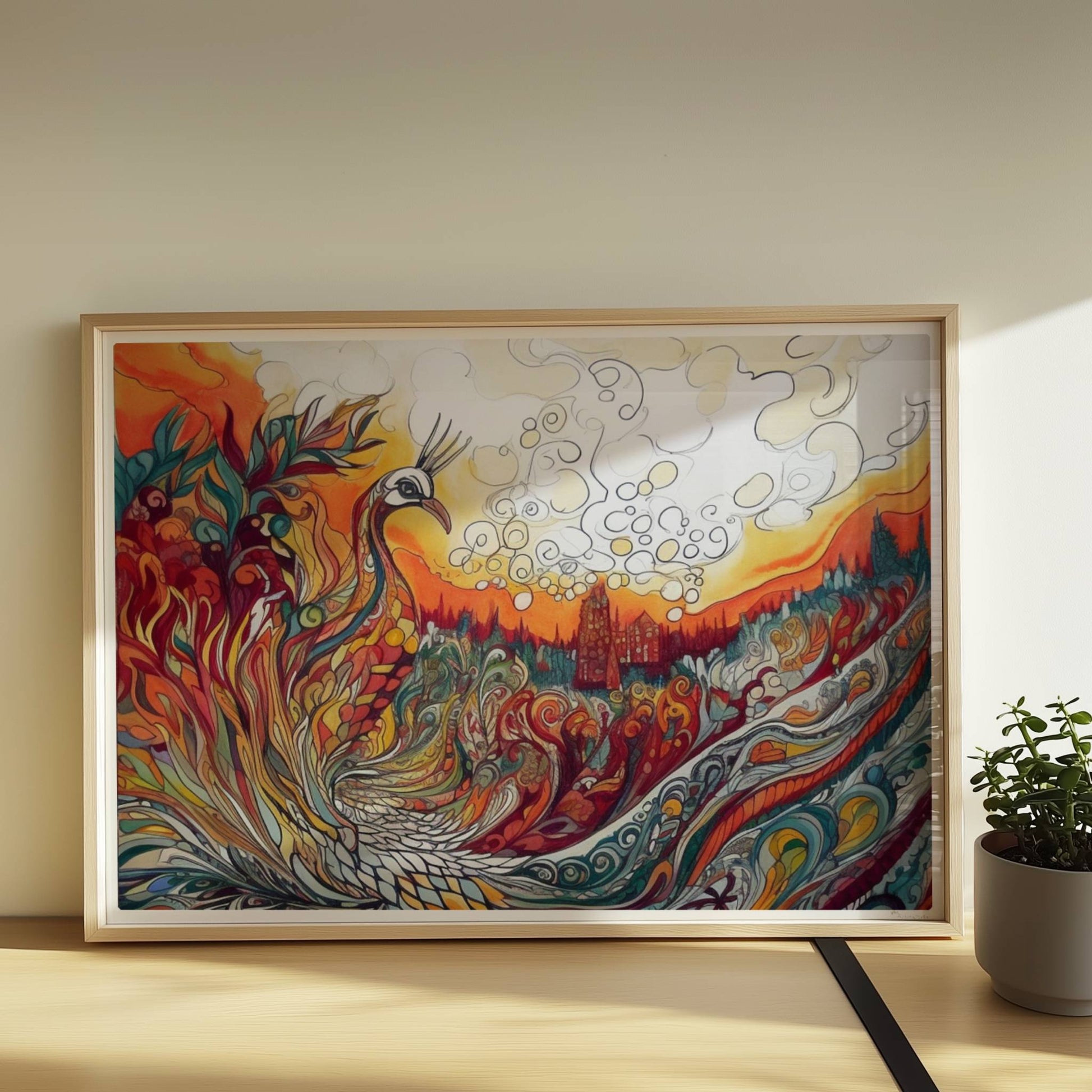 Farbenfroher Phönix mit kunstvoll geschwungenen Federn, Flammen und Ornamenten in lebendigem Jugendstil, mit märchenhafter Landschaft im Hintergrund.. Rahmen natur 70x50