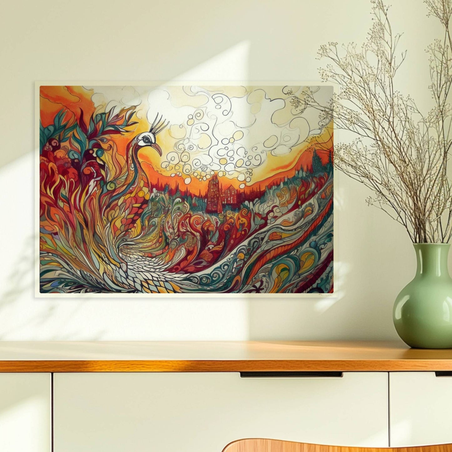 Farbenfroher Phönix mit kunstvoll geschwungenen Federn, Flammen und Ornamenten in lebendigem Jugendstil, mit märchenhafter Landschaft im Hintergrund.. Ohne Rahmen 70x50