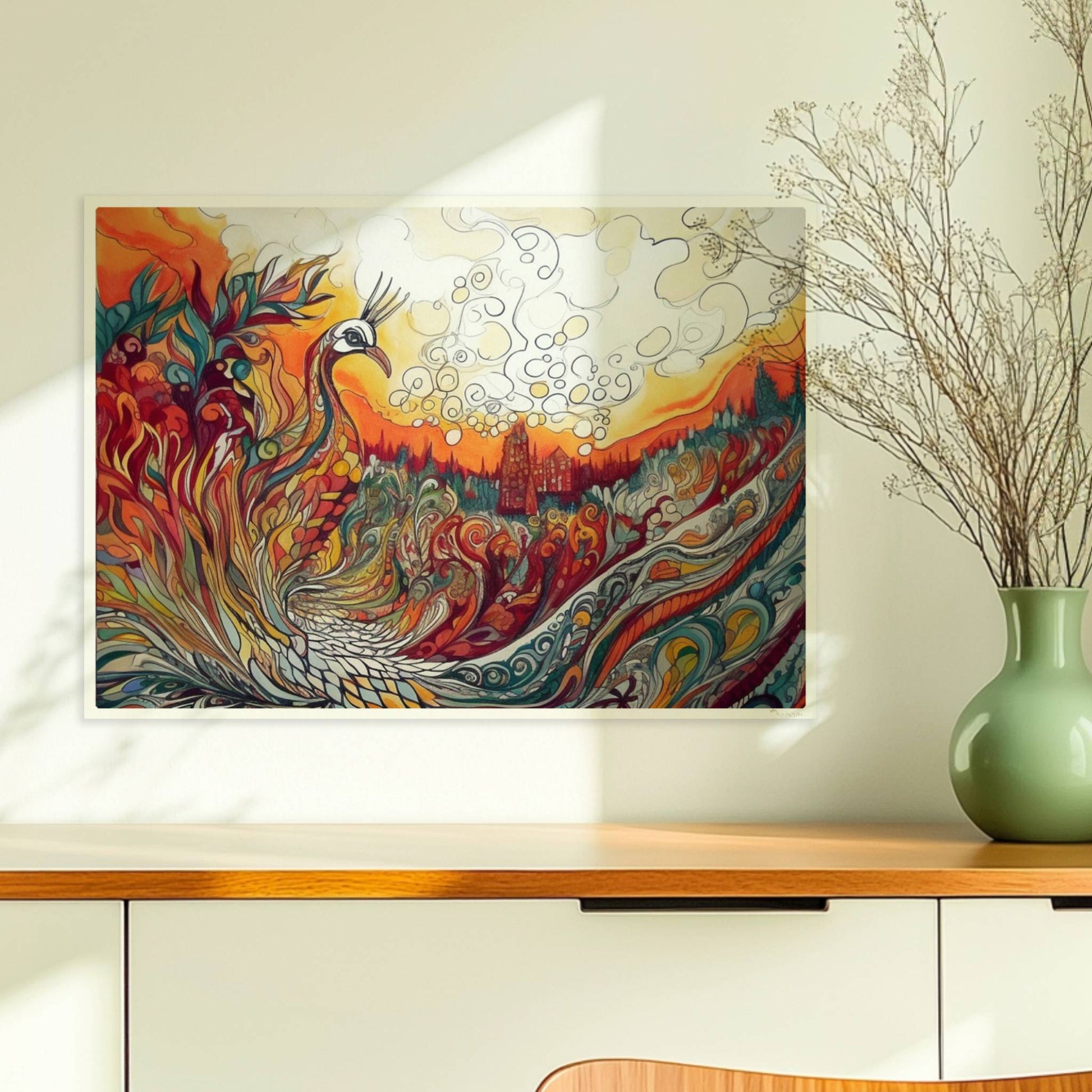 Farbenfroher Phönix mit kunstvoll geschwungenen Federn, Flammen und Ornamenten in lebendigem Jugendstil, mit märchenhafter Landschaft im Hintergrund.. Ohne Rahmen 70x50