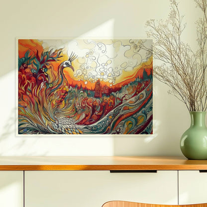 Farbenfroher Phönix mit kunstvoll geschwungenen Federn, Flammen und Ornamenten in lebendigem Jugendstil, mit märchenhafter Landschaft im Hintergrund.. Ohne Rahmen 70x50