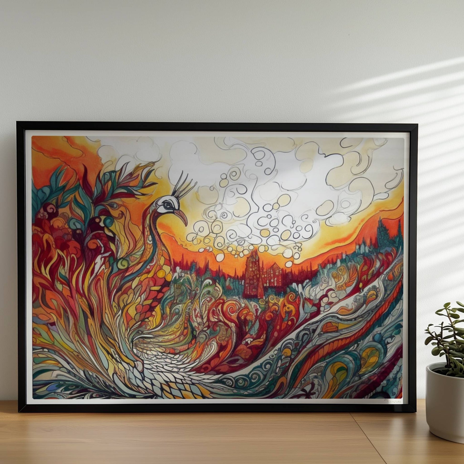 Farbenfroher Phönix mit kunstvoll geschwungenen Federn, Flammen und Ornamenten in lebendigem Jugendstil, mit märchenhafter Landschaft im Hintergrund.. Rahmen schwarz 70x50