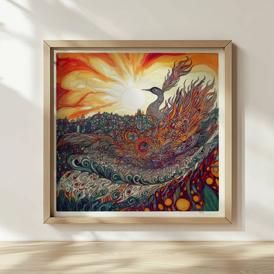 Phönix mit prachtvollen, ornamentalen Federn in leuchtenden Farben, vor einer Sonnenuntergangslandschaft im Jugendstil.. Rahmen natur 30x30