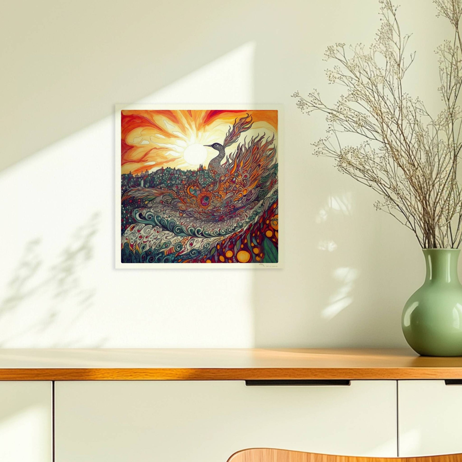 Phönix mit prachtvollen, ornamentalen Federn in leuchtenden Farben, vor einer Sonnenuntergangslandschaft im Jugendstil.. Ohne Rahmen 30x30