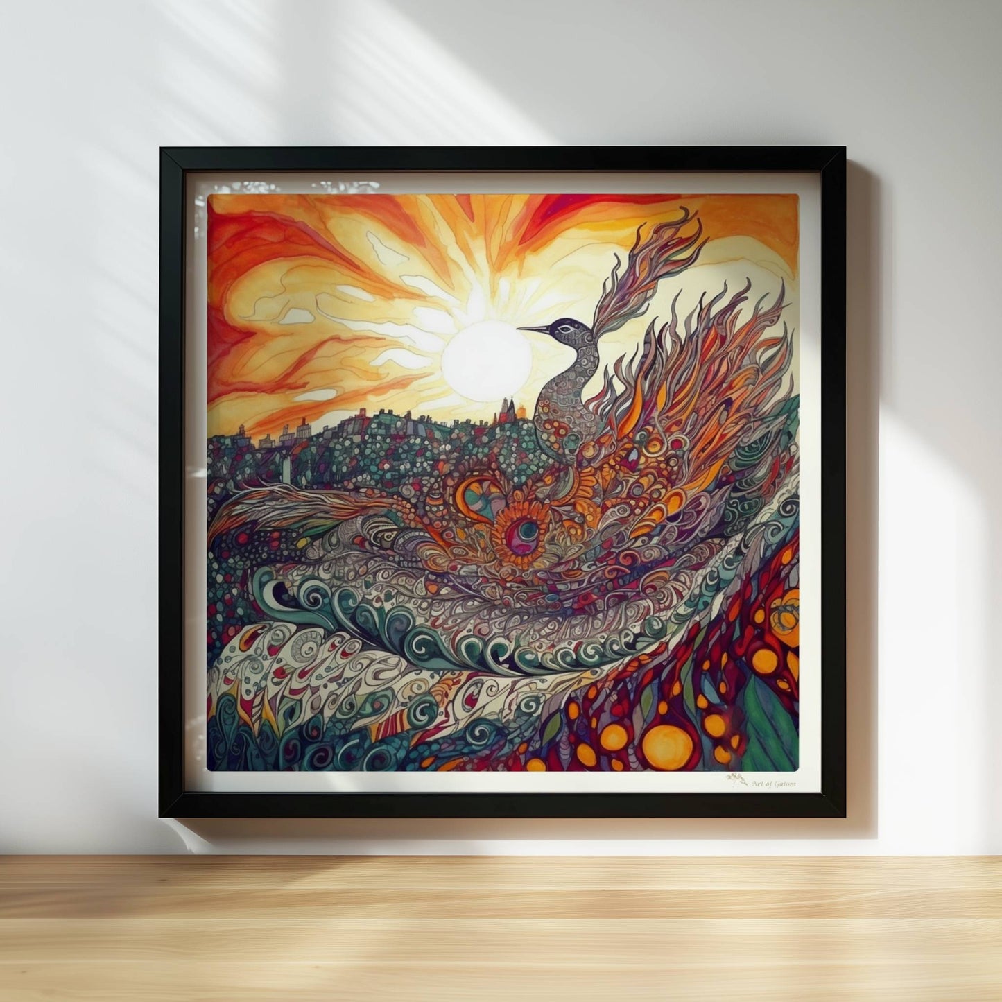 Phönix mit prachtvollen, ornamentalen Federn in leuchtenden Farben, vor einer Sonnenuntergangslandschaft im Jugendstil.. Rahmen schwarz 30x30