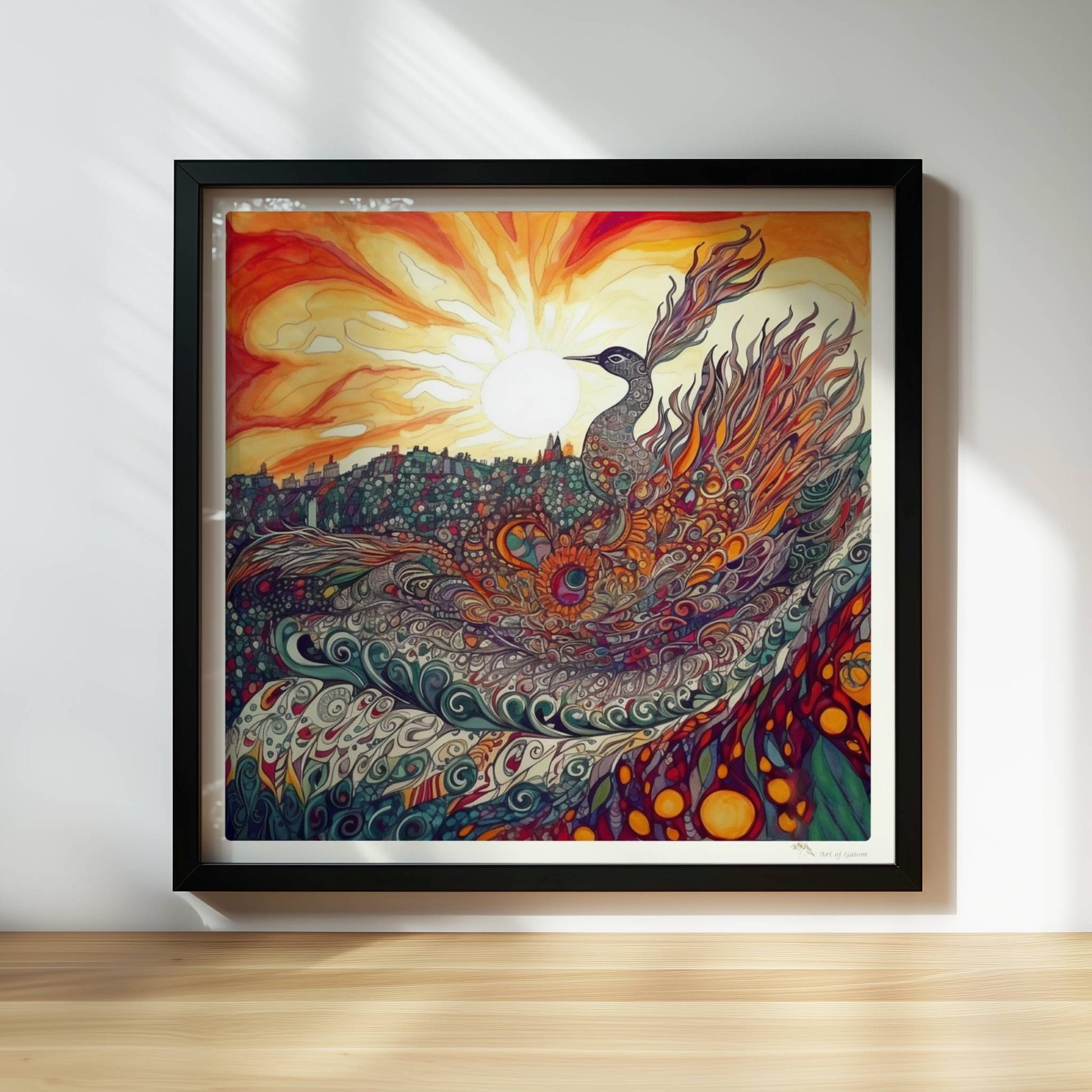 Phönix mit prachtvollen, ornamentalen Federn in leuchtenden Farben, vor einer Sonnenuntergangslandschaft im Jugendstil.. Rahmen schwarz 30x30