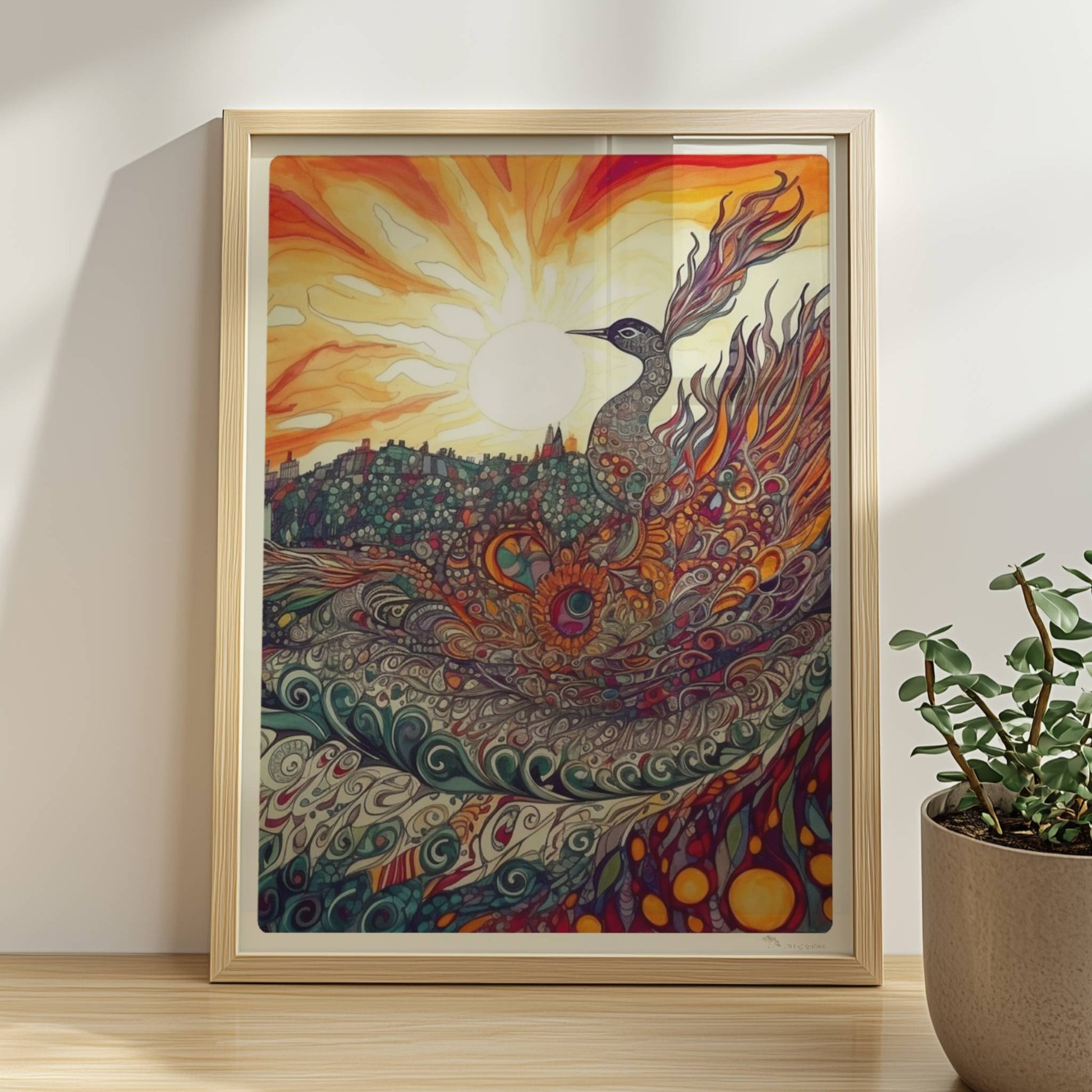 Phönix mit prachtvollen, ornamentalen Federn in leuchtenden Farben, vor einer Sonnenuntergangslandschaft im Jugendstil.. Rahmen natur 30x40
