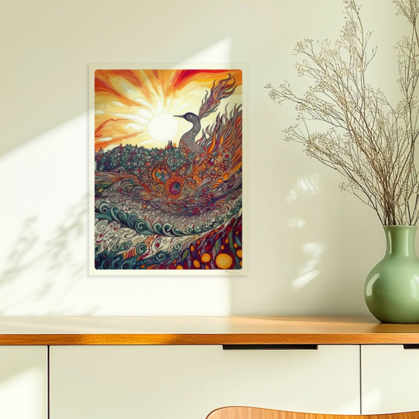 Phönix mit prachtvollen, ornamentalen Federn in leuchtenden Farben, vor einer Sonnenuntergangslandschaft im Jugendstil.. Ohne Rahmen 30x40