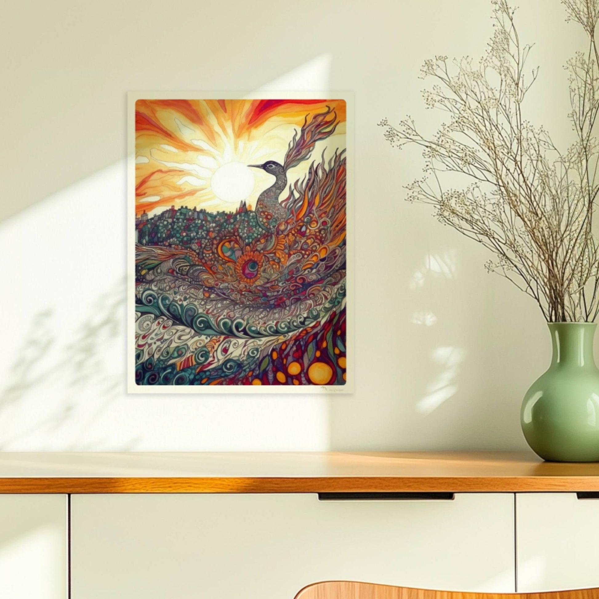 Phönix mit prachtvollen, ornamentalen Federn in leuchtenden Farben, vor einer Sonnenuntergangslandschaft im Jugendstil.. Ohne Rahmen 30x40
