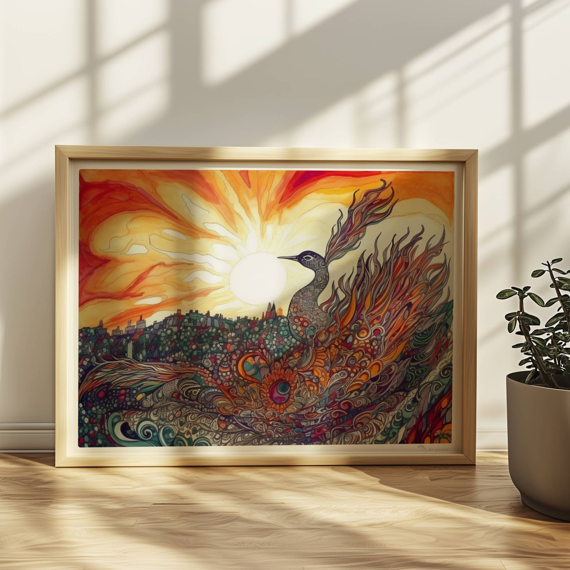 Phönix mit prachtvollen, ornamentalen Federn in leuchtenden Farben, vor einer Sonnenuntergangslandschaft im Jugendstil.. Rahmen natur 40x30