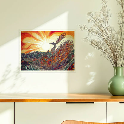 Phönix mit prachtvollen, ornamentalen Federn in leuchtenden Farben, vor einer Sonnenuntergangslandschaft im Jugendstil.. Ohne Rahmen 40x30
