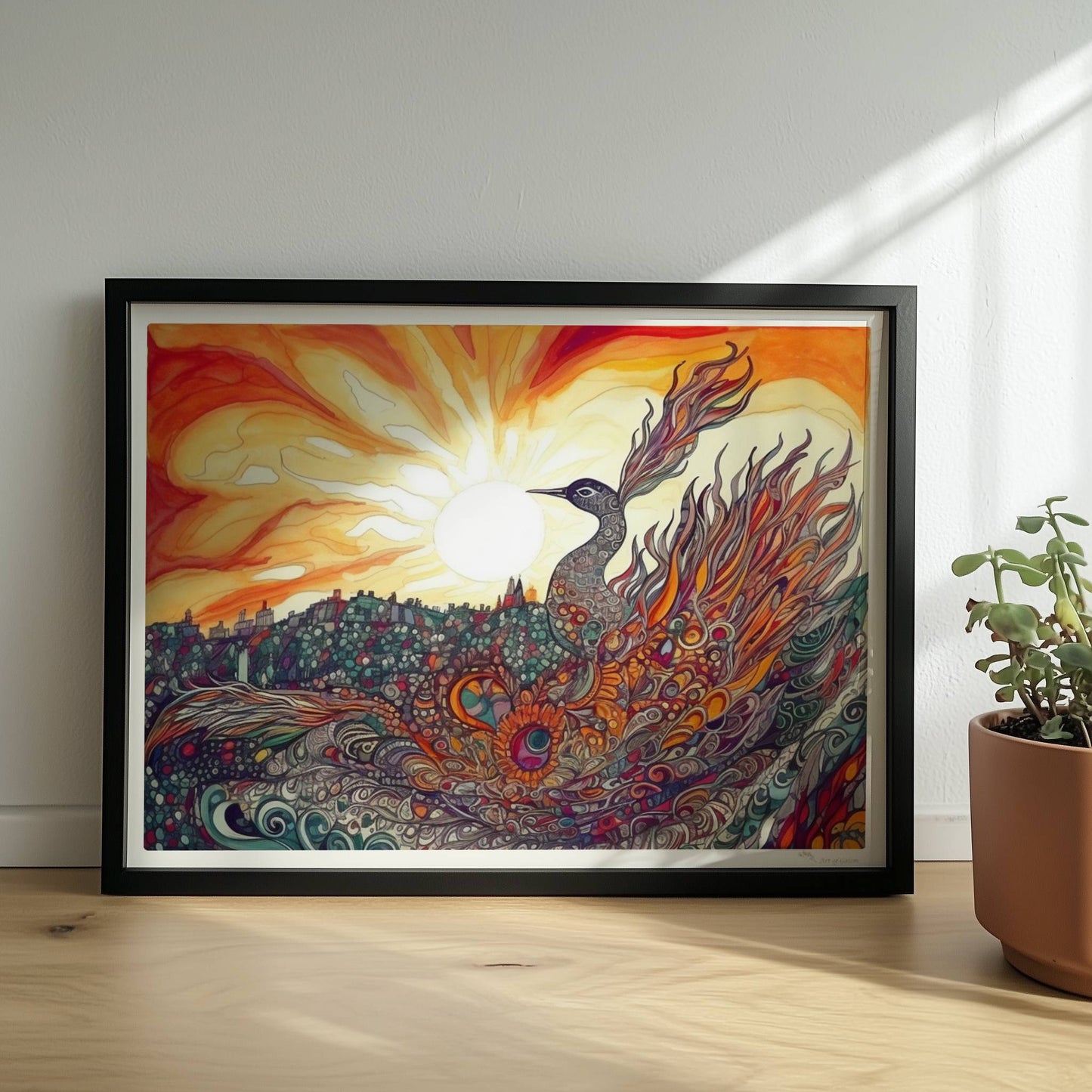 Phönix mit prachtvollen, ornamentalen Federn in leuchtenden Farben, vor einer Sonnenuntergangslandschaft im Jugendstil.. Rahmen schwarz 40x30