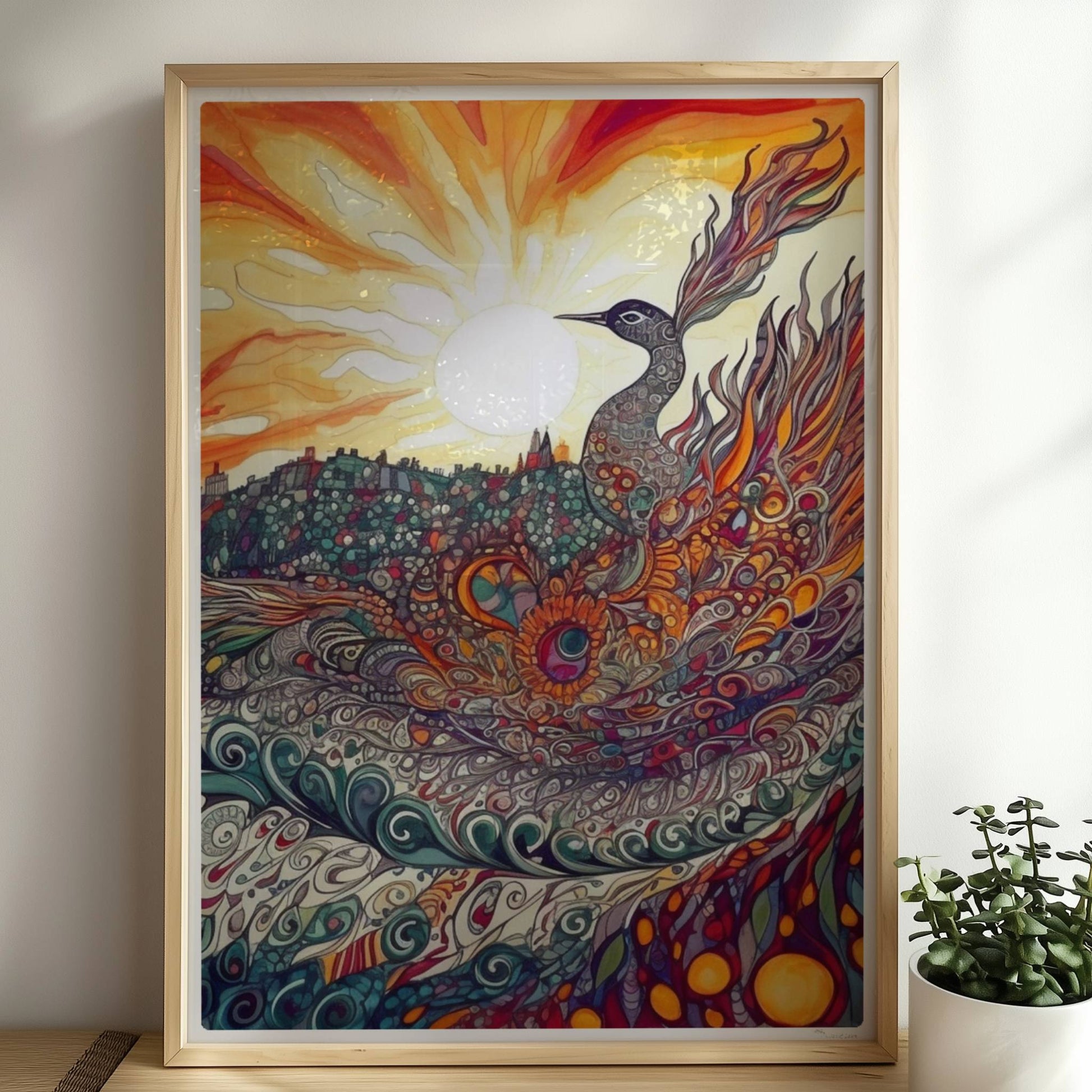 Phönix mit prachtvollen, ornamentalen Federn in leuchtenden Farben, vor einer Sonnenuntergangslandschaft im Jugendstil.. Rahmen natur 50x70