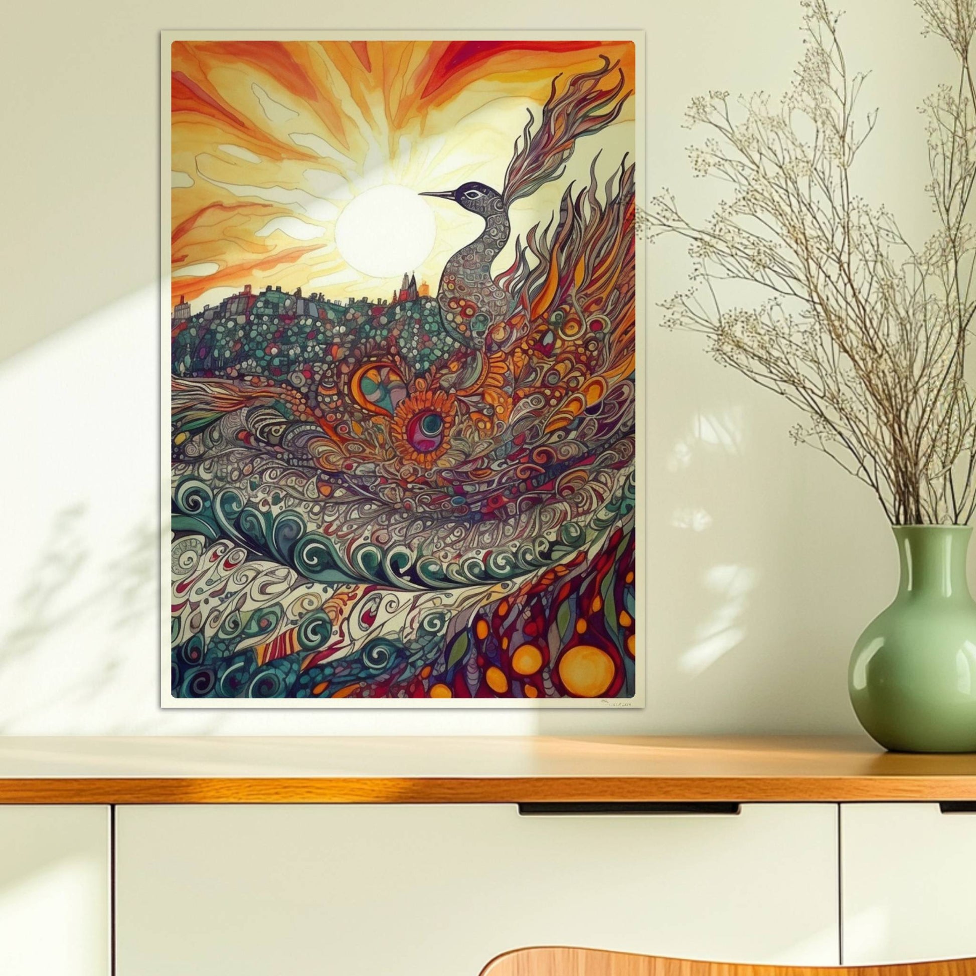 Phönix mit prachtvollen, ornamentalen Federn in leuchtenden Farben, vor einer Sonnenuntergangslandschaft im Jugendstil.. Ohne Rahmen 50x70