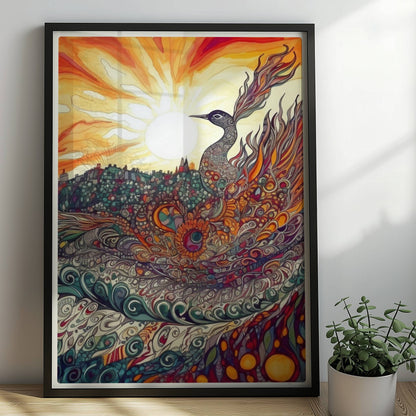 Phönix mit prachtvollen, ornamentalen Federn in leuchtenden Farben, vor einer Sonnenuntergangslandschaft im Jugendstil.. Rahmen schwarz 50x70
