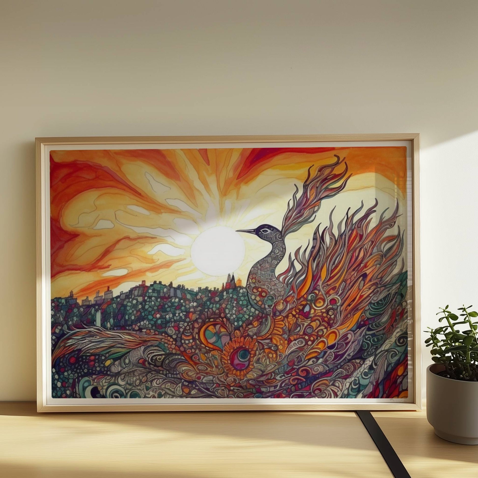 Phönix mit prachtvollen, ornamentalen Federn in leuchtenden Farben, vor einer Sonnenuntergangslandschaft im Jugendstil.. Rahmen natur 70x50